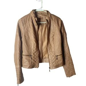 J2 Faux Leather Moto Tan Full Zip Quilted Pattern Jacket, Size Small Jr Womens